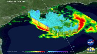 The NASA/JAXA GPM core satellite studies cloud height (shown here in data of Tropical Storm Barry gathered on July 11, 2019) and moisture levels in the atmosphere to predict rainfall and thunderstorms.