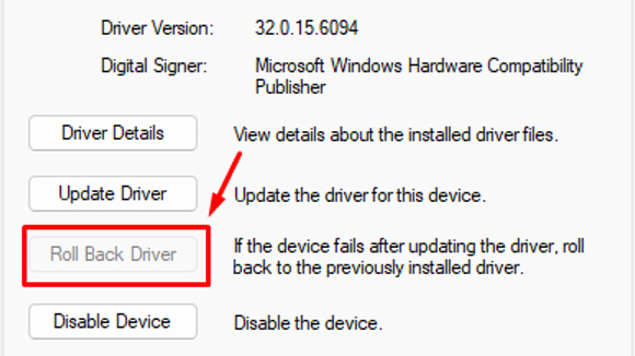 Windows 11 screenshot showing the Roll Back Driver button