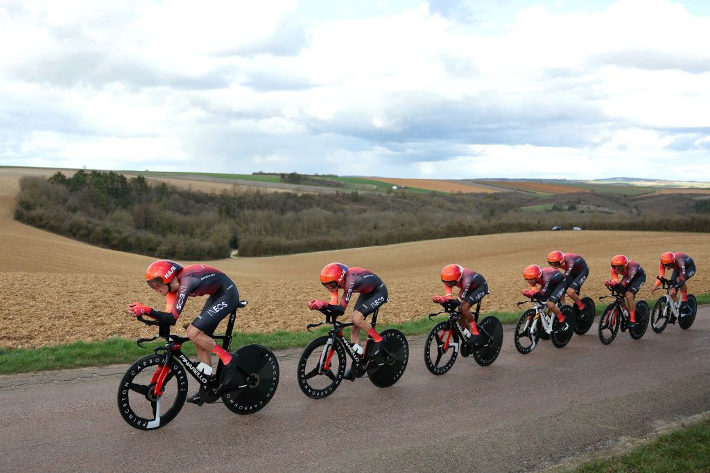 INEOS Grenadiers' team competes during the 3rd stage of the Paris-Nice cycling race, 26,9 km team time trial between Auxerre and Auxerre, on March 5, 2024. (Photo by Thomas SAMSON / AFP)