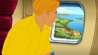 A character from Broken Sword 2: The Smoking Mirror remastered looks out a plane window towards a the ocean.