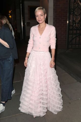 Lily Allen is seen leaving "The Pillowman" in Needle & Thread pink co-ord