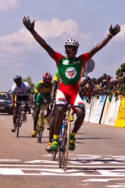 Abdoul Aziz Nikiema sprints to second place for a 1-2 Burkina Faso finish.