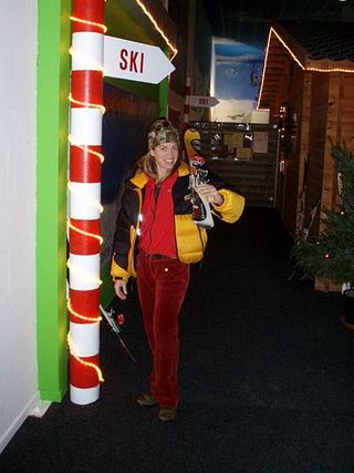 Barb getting ready to go skiing indoors.