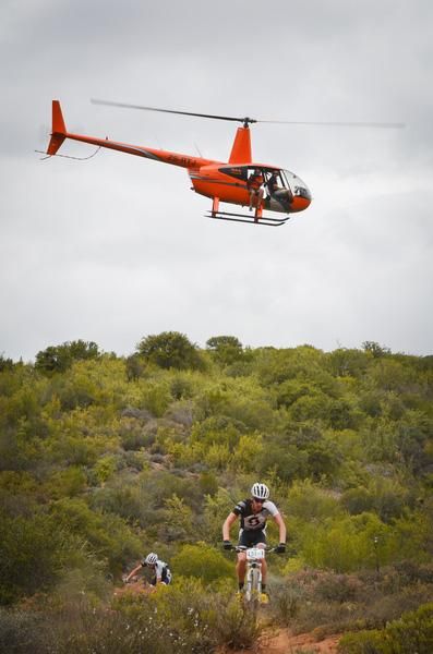 Matthys Beukes leads Scott Factory Racing teammate, Philip Buys on their way to winning the prologue of the Cape Pioneer Trek on Sunday.
