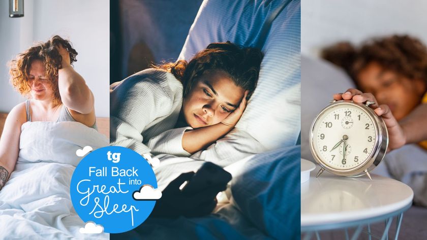 Three images of women practising poor sleep hygiene: waking up late, using a phone in bed and snoozing an alarm