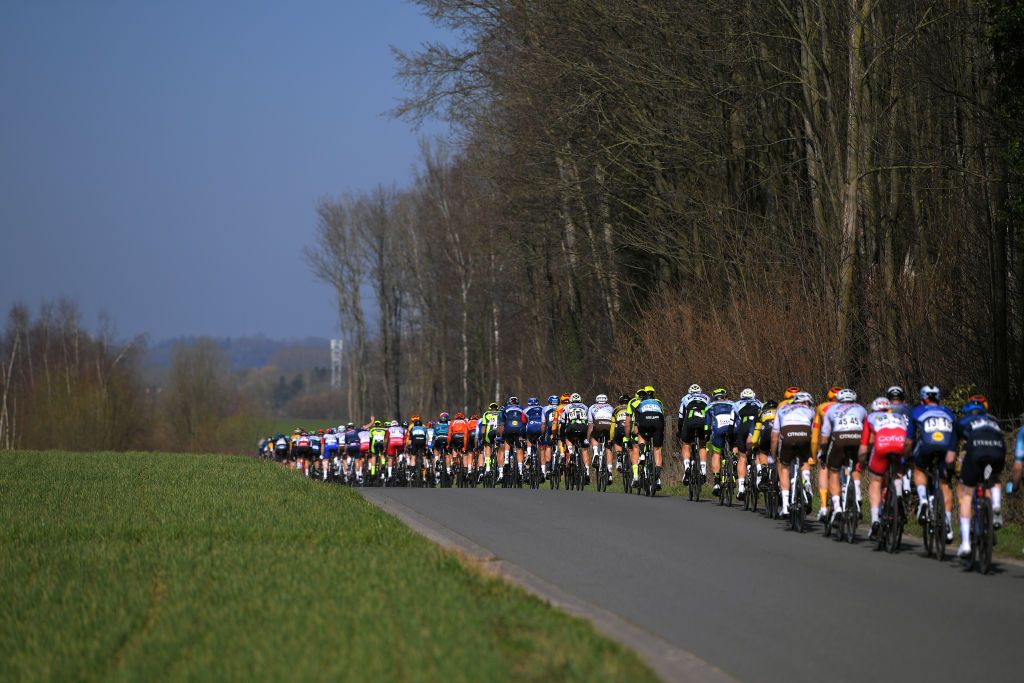 DOUR BELGIUM MARCH 02 The Peloton during the 53rd Grand Prix Le Samyn 2021 Mens Elite a 2054km race from Quaregnon to Dour Landscape GPSamyn on March 02 2021 in Dour Belgium Photo by Luc ClaessenGetty Images