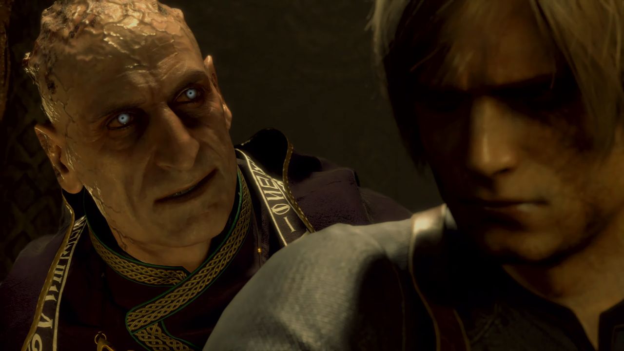 Salazar with hood down creepily hanging over Leon's shoulder