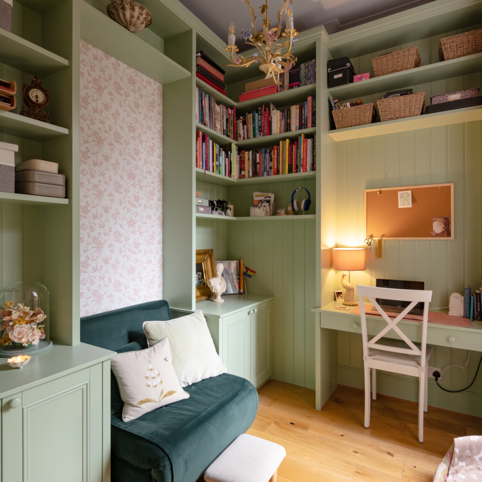 bespoke home office in green with sofa bed, desk and storage 