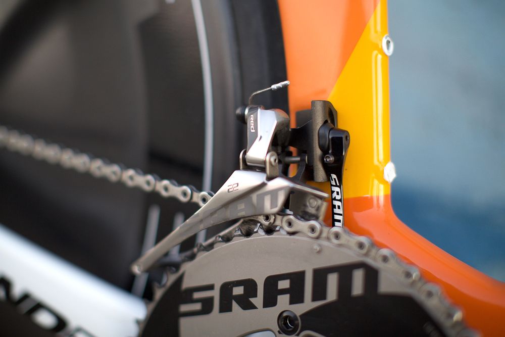 The SRAM Red front derailleur and the SRAM chain rings.