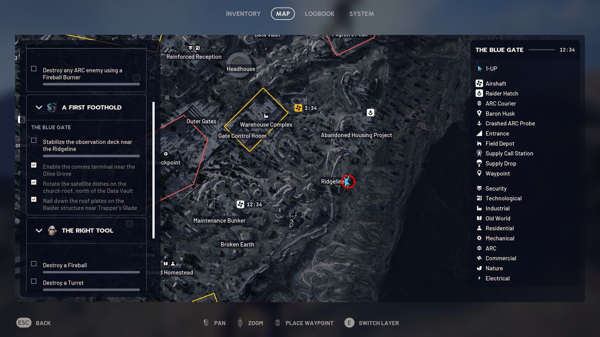 Arc Raiders A First Foothold: A map with a red circle showing the location of the quest step in the Ridgeline region of Blue Gate.
