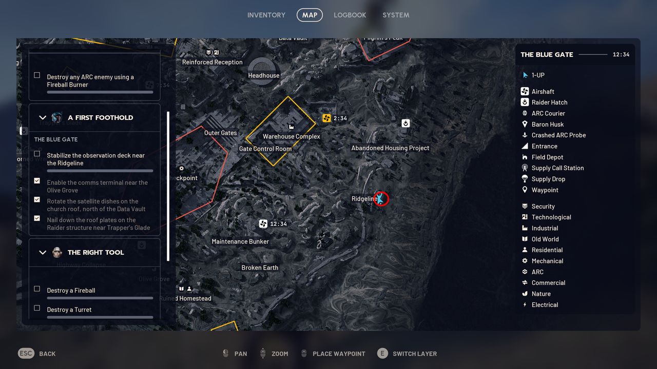Arc Raiders A First Foothold: A map with a red circle showing the location of the quest step in the Ridgeline region of Blue Gate.