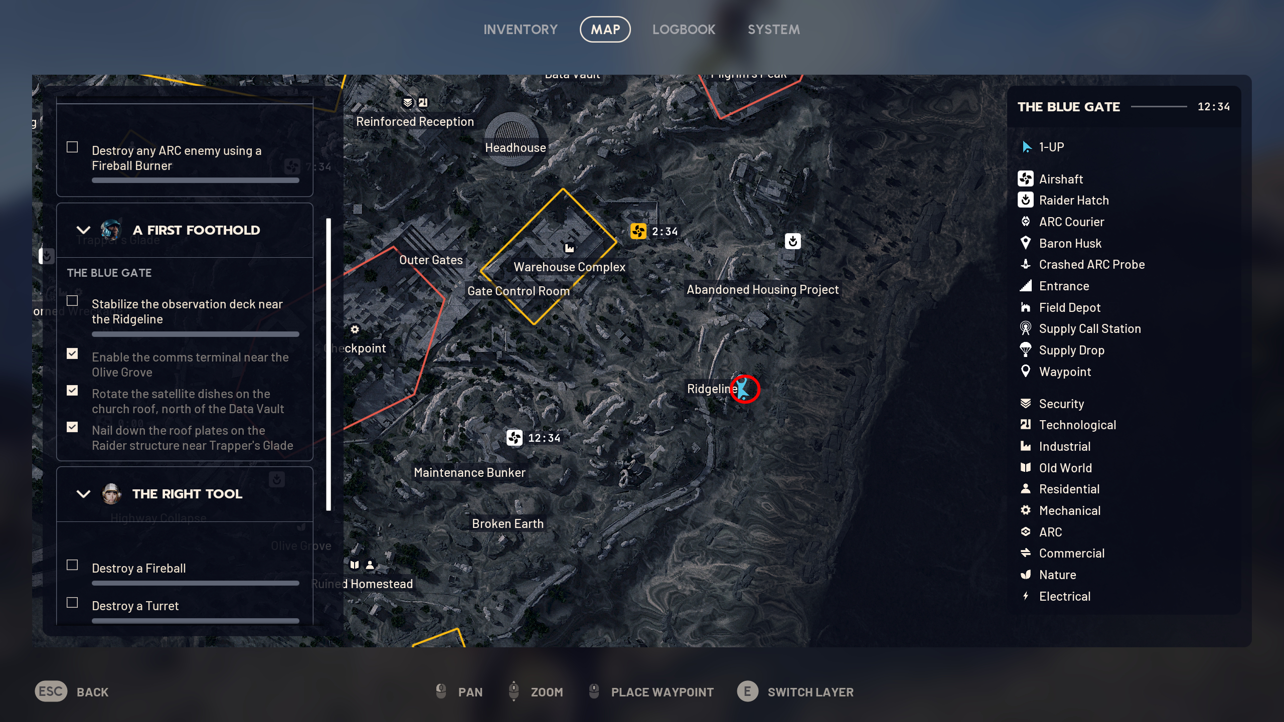 Arc Raiders A First Foothold: A map with a red circle showing the location of the quest step in the Ridgeline region of Blue Gate.