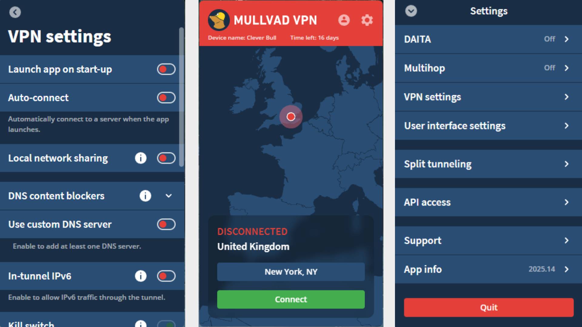 Three screenshots of the Mullvad VPN app on Windows 11.