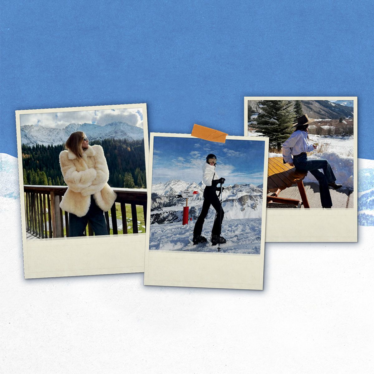 a collage of celebrity and influencer images featuring ski and apr&egrave;s-ski outfits