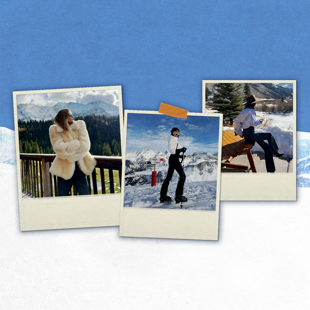a collage of celebrity and influencer images featuring ski and apr&egrave;s-ski outfits