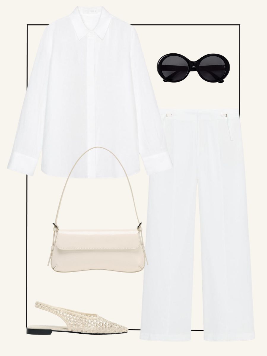 White linen shirt, linen trousers, mesh slingback flats, shoulder bag and sunglasses from Zara