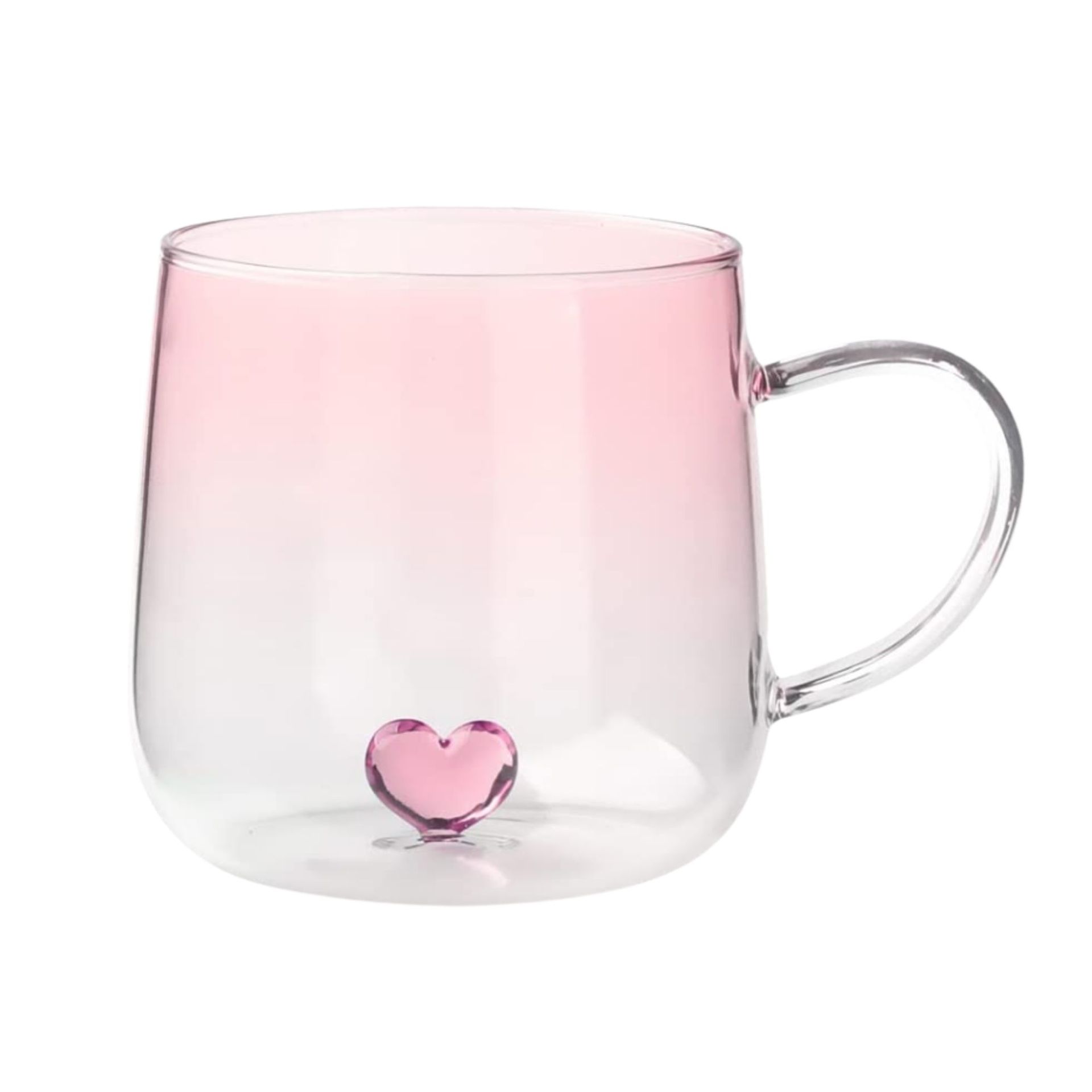 Mug bening berwarna merah muda dengan detail hati