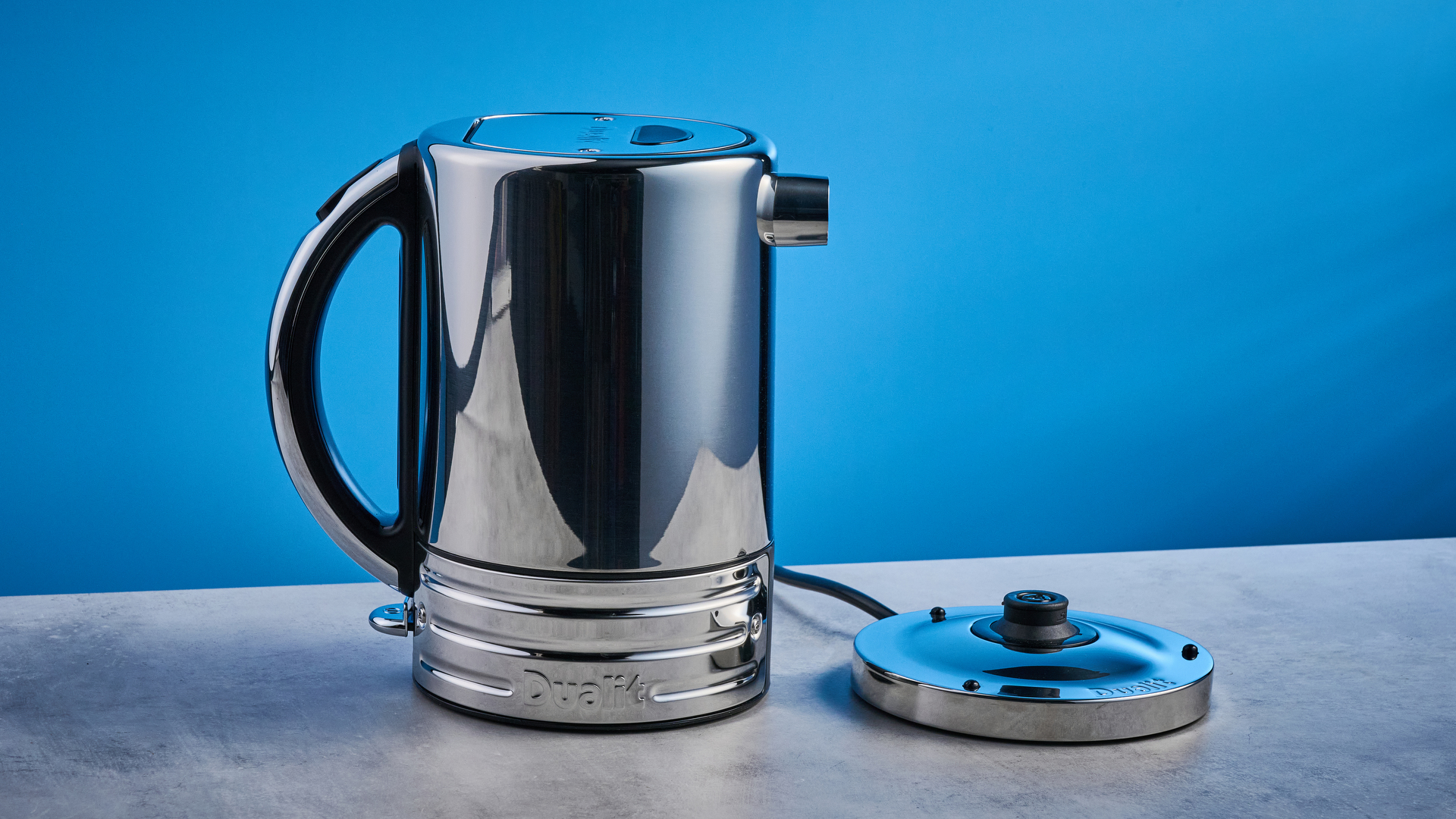 Dualit Design Series Kettle photographed in front of a blue background