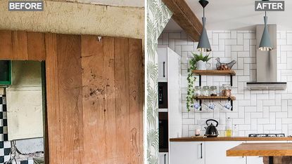 kitchen makeover with palm green foliage glitter wallpaper and metro white tiles