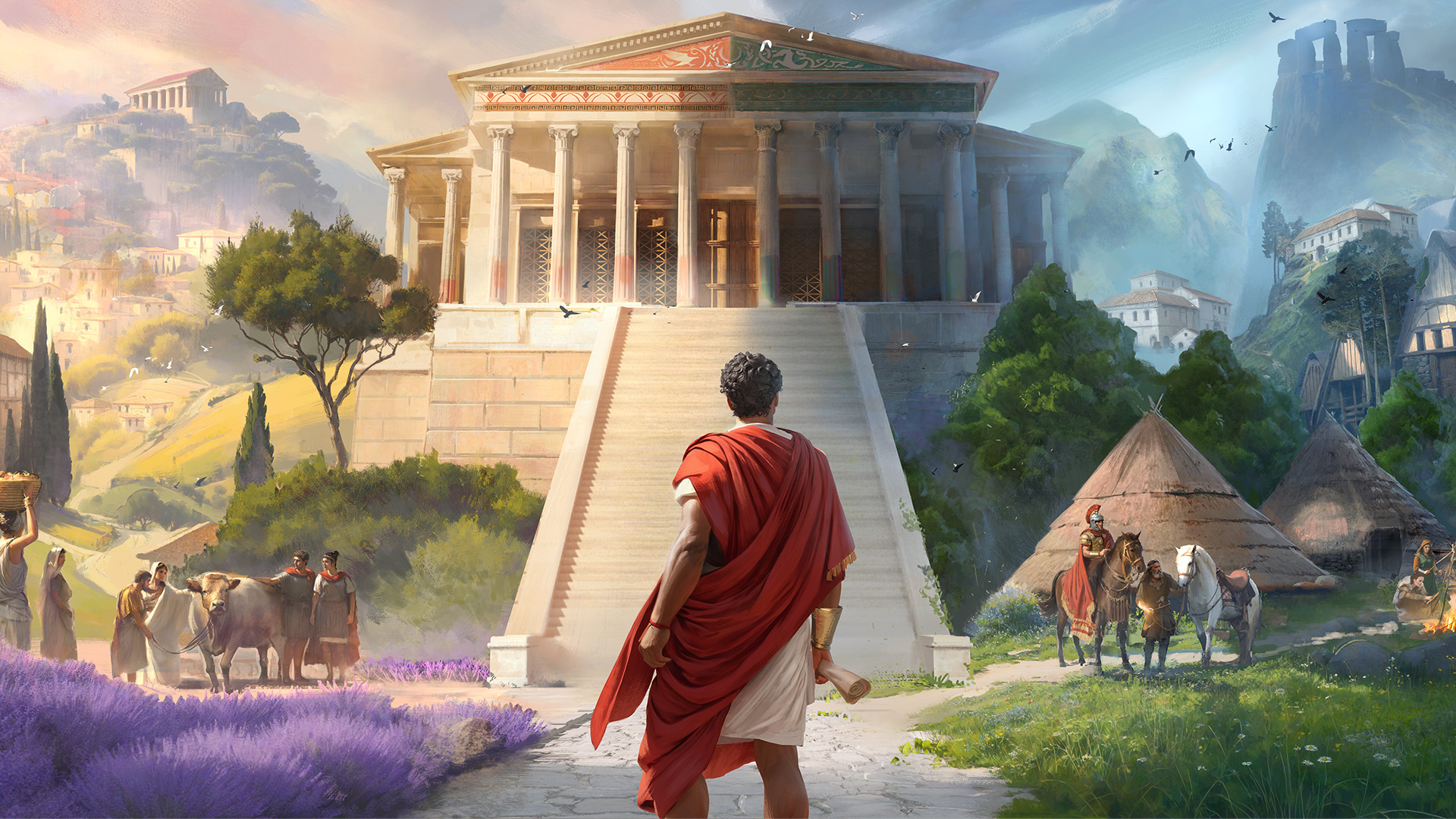 Key art for Anno 177: Pax Romana showing a robed ruler in front of a temple, with a montage of civilisation imagery on either side