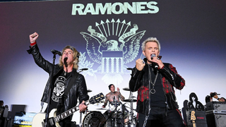 Billie Joe Armstrong, Travis Barker and Billy Idol perform onstage at The Official Ramones 50th Anniversary Tribute held at Hollywood Forever Cemetery on August 30, 2026 in Los Angeles, California.