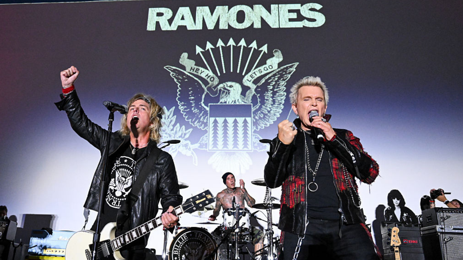 Billie Joe Armstrong, Travis Barker and Billy Idol perform onstage at The Official Ramones 50th Anniversary Tribute held at Hollywood Forever Cemetery on August 30, 2026 in Los Angeles, California. 