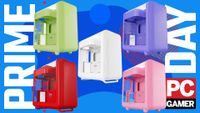 Five Hyte X50 PC cases - in white, green, red, pink, and purple - float in the funky PCG Prime Day deal void.