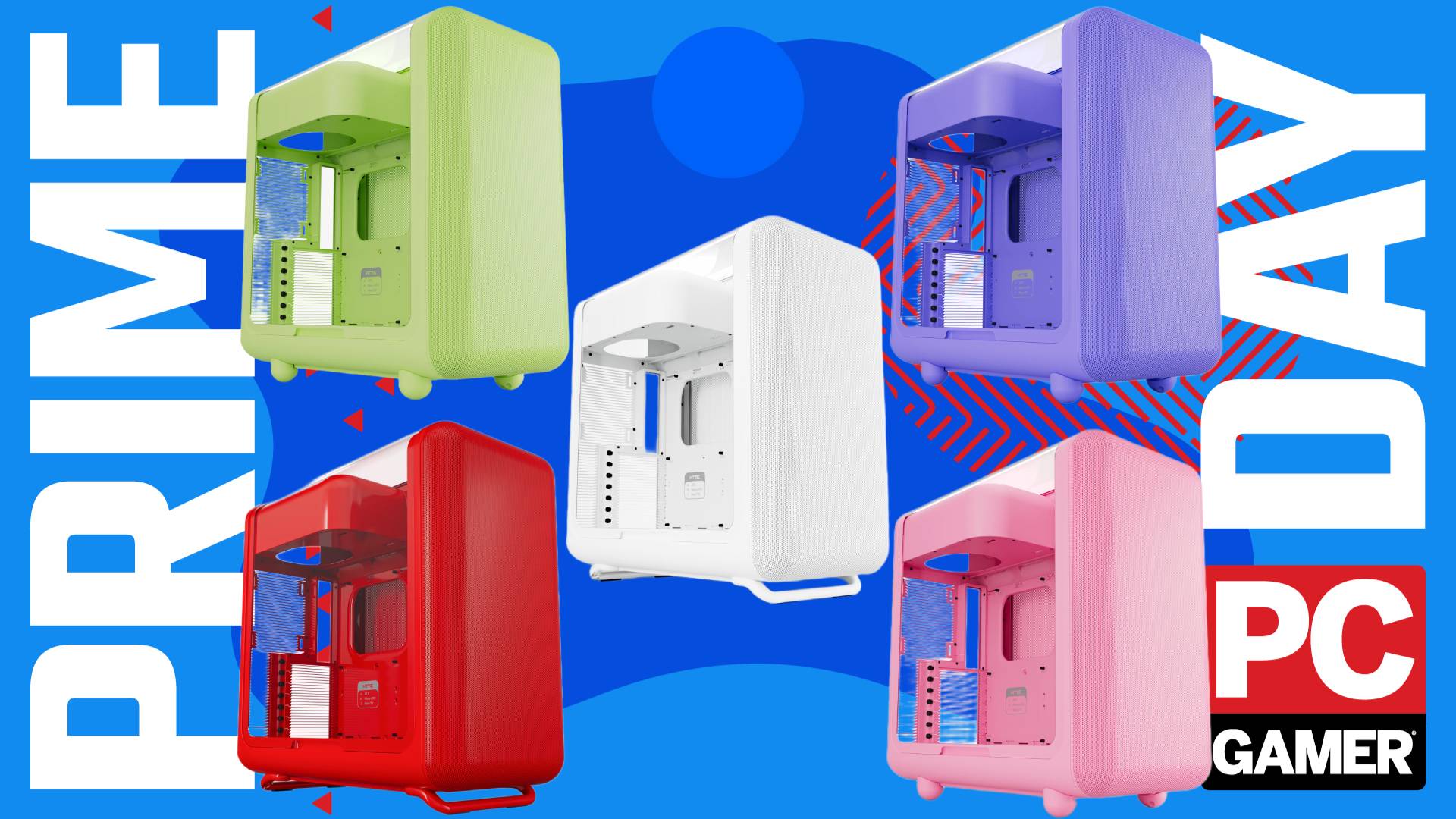 Five Hyte X50 PC cases - in white, green, red, pink, and purple - float in the funky PCG Prime Day deal void.