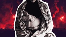 A photo collage of a pregnant woman wearing a keffiyeh overlaid on top of photos of flash bombs dropping down near Al Shati Refugee Camp