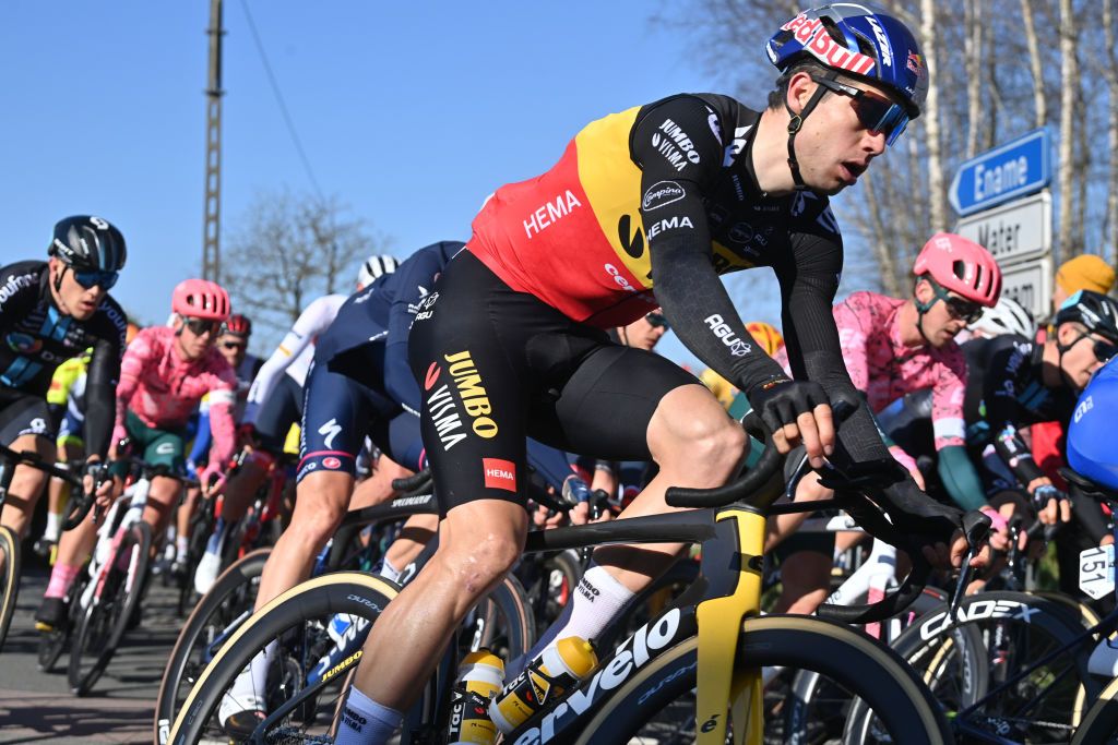 Belgian Wout Van Aert of Team JumboVisma pictured in action during the mens elite race of the Omloop Het Nieuwsblad oneday cycling race 2042km from Gent to Ninove Saturday 26 February 2022BELGA PHOTO DAVID STOCKMAN Photo by DAVID STOCKMANBELGA MAGAFP via Getty Images