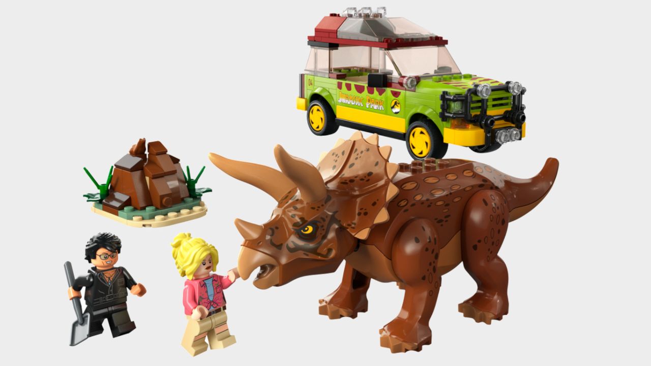 Lego Triceratops Research set on a plain background