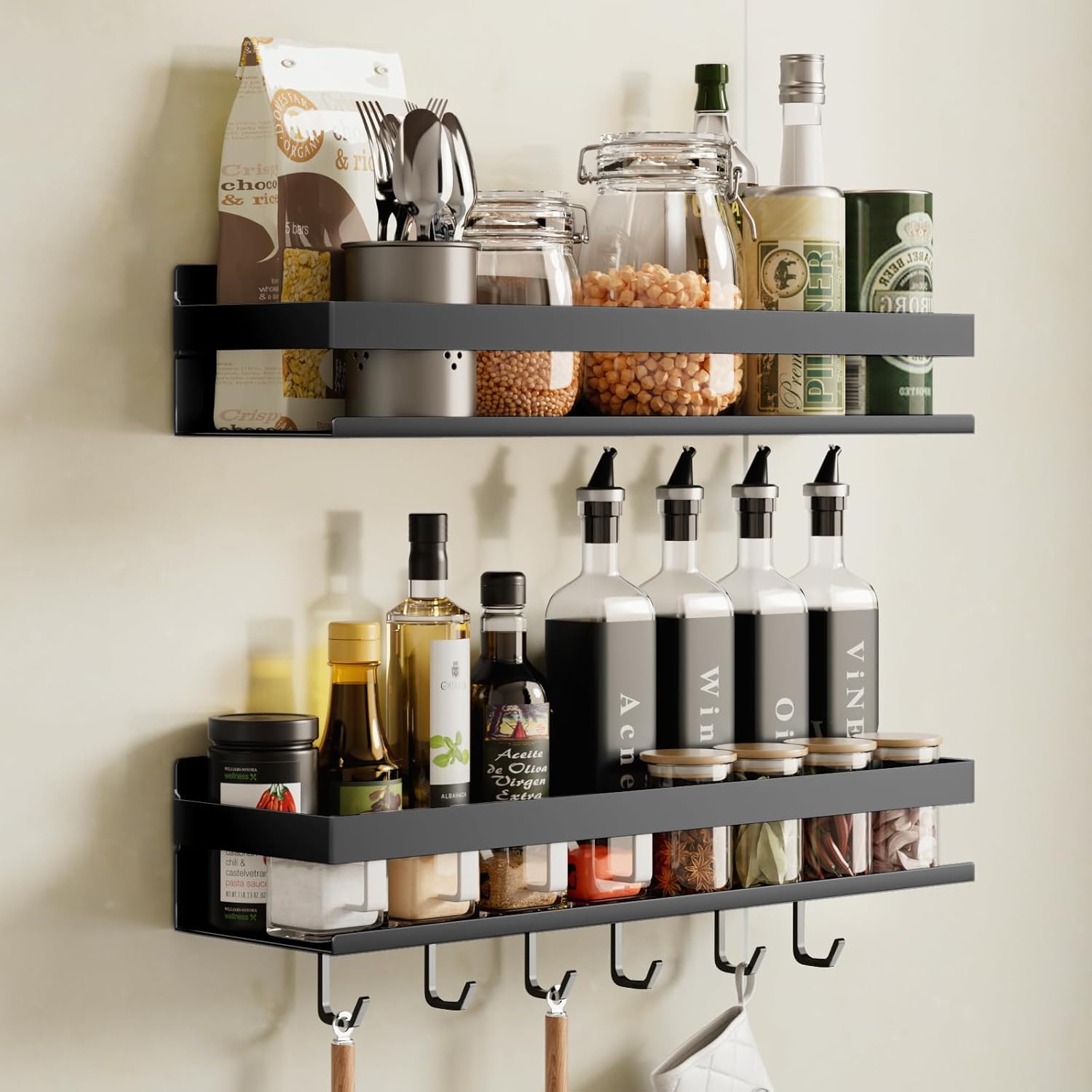 Devesanter Spice Racks Wall 2 Pack Without Drilling on Kitchen Shelf With 6 Hooks, Hanging Hook Rail, Spice Rack on Cupboard Door, Shower Shelf for Kitchen, Bathroom, Balcony (black, 40 Cm)