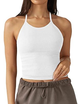 Laslulu Damen-Sport-BH, Neckholder-Crop-Top, nahtlos, lässig, Camisole, lang geschnitten, zum Laufen, Sport-BH, bauchfreies Top (Mittelweiß)