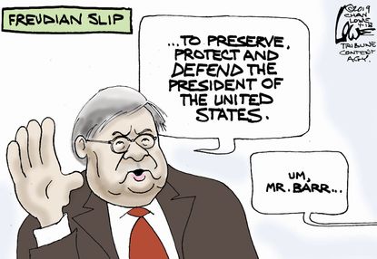 Political Cartoon U.S. Barr Freudian slip