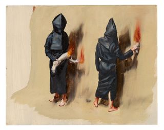 The painting of two figures dressed in black robes and black hoods drawn over their heads so that we can't see their faces. Their holding limbs are on fire.