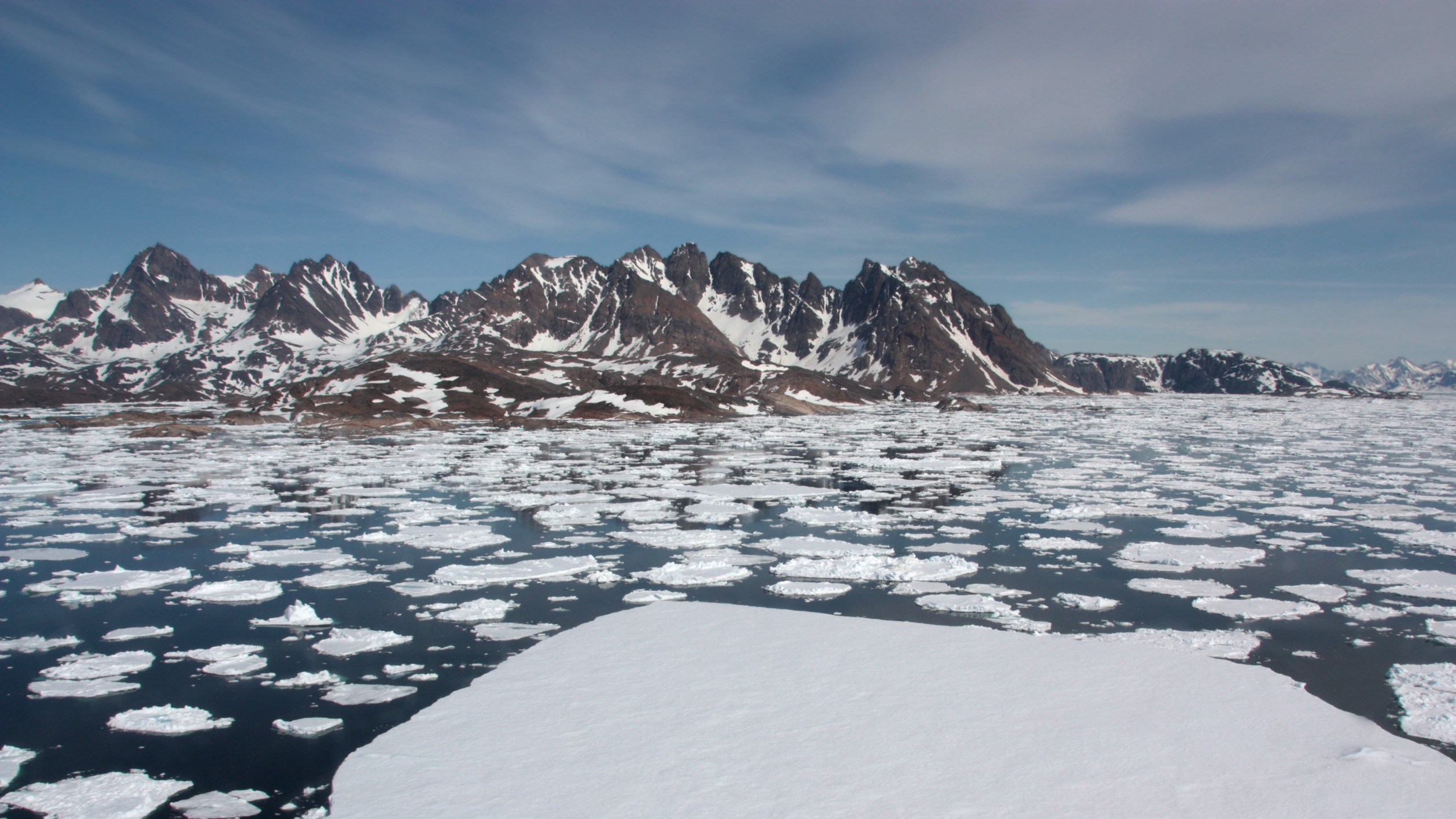 arctic mountains with sea ice in the foreground