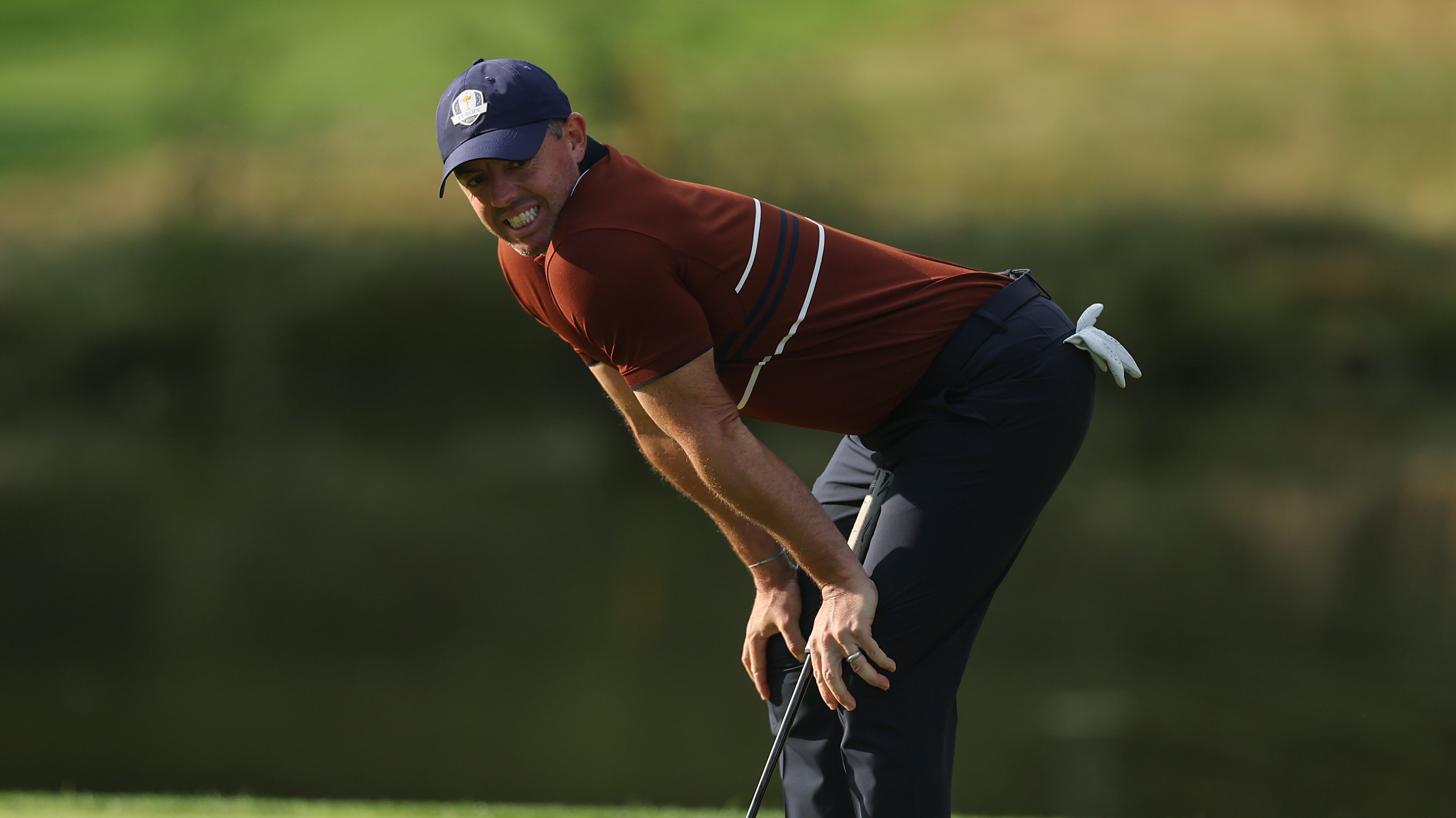 Rory McIlroy misses the putt for a birdie on the eighth green during the morning's foursomes in the Ryder Cup 2025