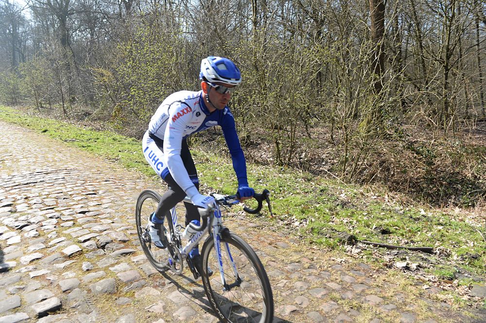 Davide Frattini (UnitedHealthcare) rides the cobbles in the Arenberg Forest