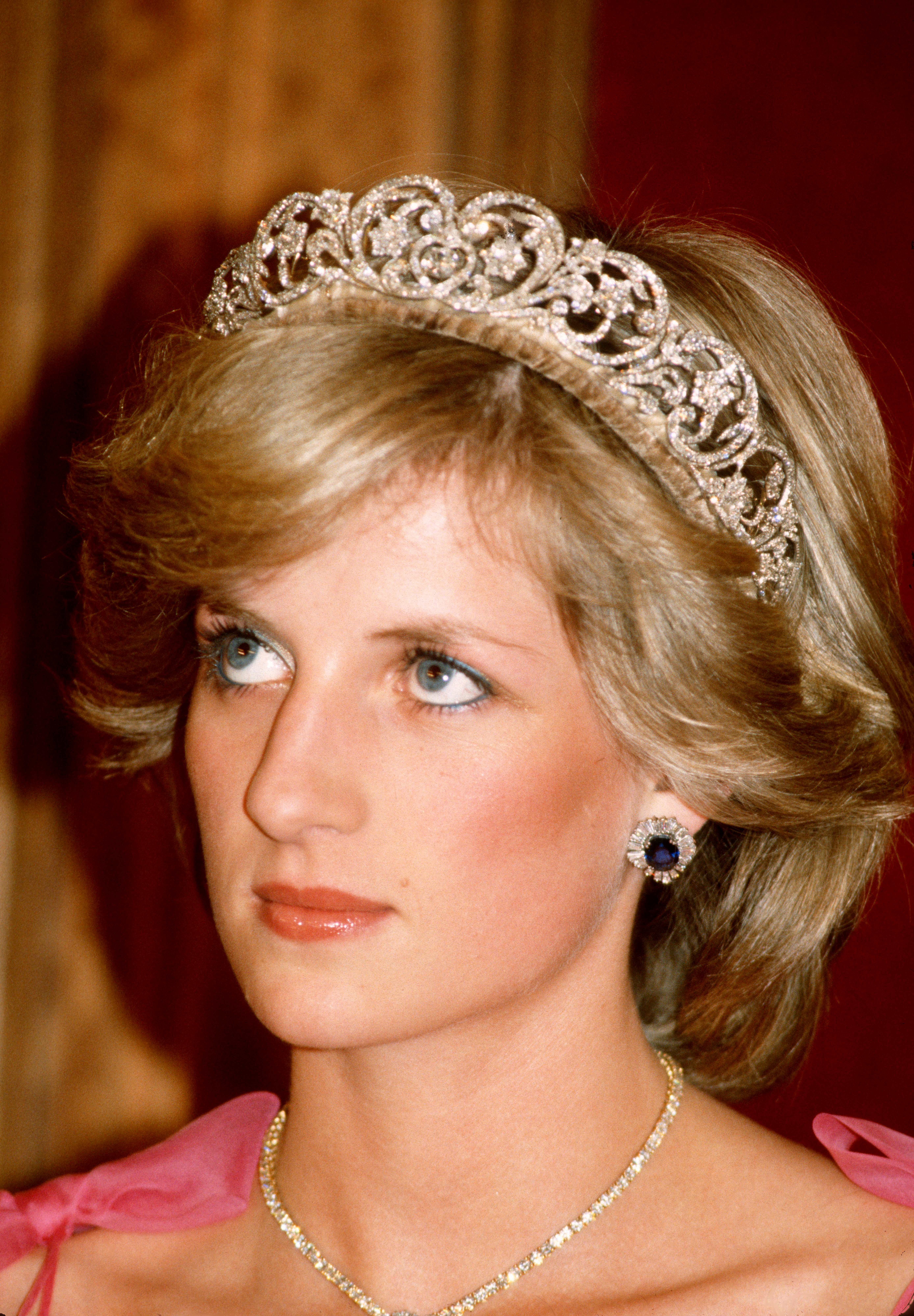 Diana, Princess of Wales the Spencer tiara and the Royal family order of the Queen and Saudi Arabia sapphire and diamond necklace and earrings(Photo by Anwar Hussein/Getty Images)