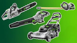 A selection of EGO POWER+ tools on a green background. 