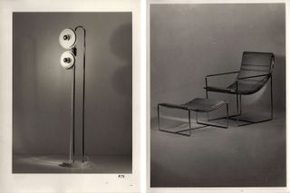 Two black and white photographs showing original models of a lamp (left) with a chrome base and two eye-like lights, and a chair with ottoman (right) with chrome structure and fabric seats