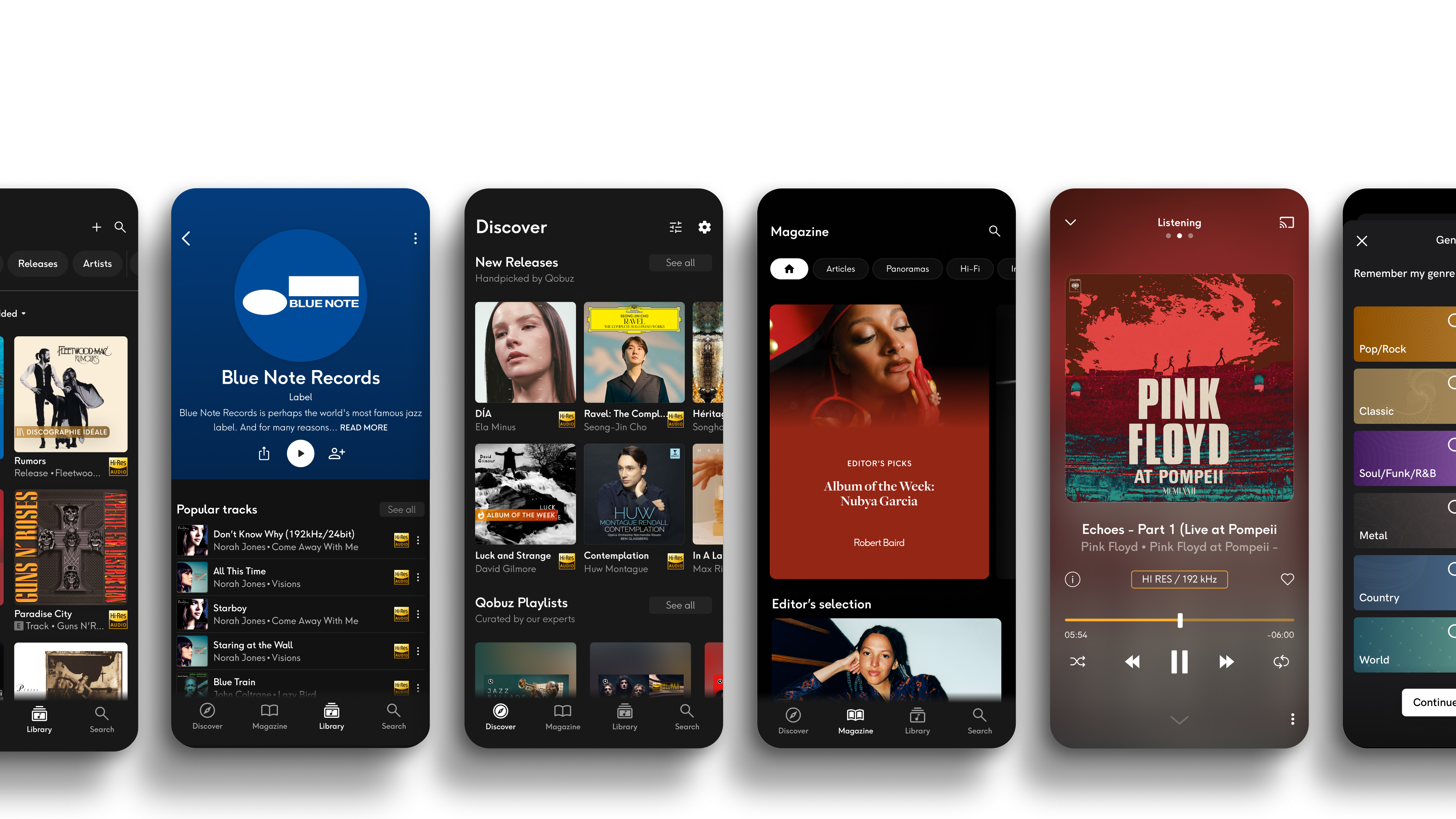 Qobuz screens on several smartphones, on white background