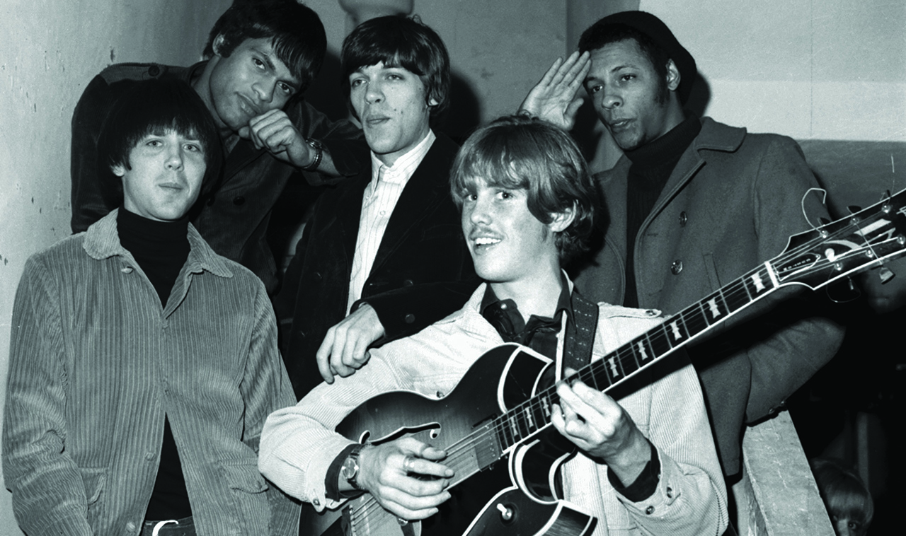 Love (Alban "Snoopy" Pfisterer, John Echols, Ken Forssi, Bryan MacLean and Arthur Lee) pose backstage at a club in 1967 in Los Angeles, California