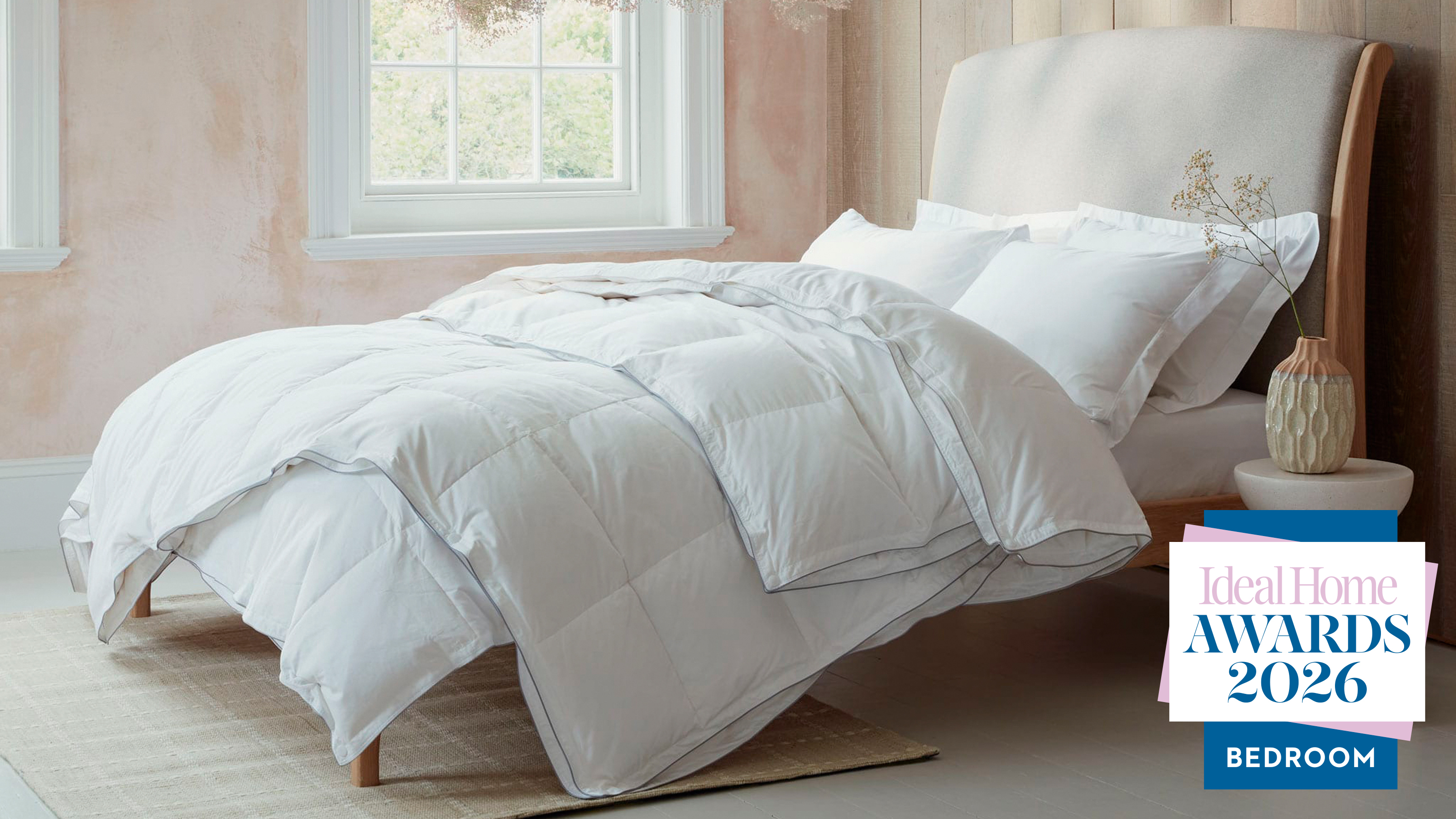 scooms duvet on a bed with a graphic reading Ideal Home Bedroom Awards 2026