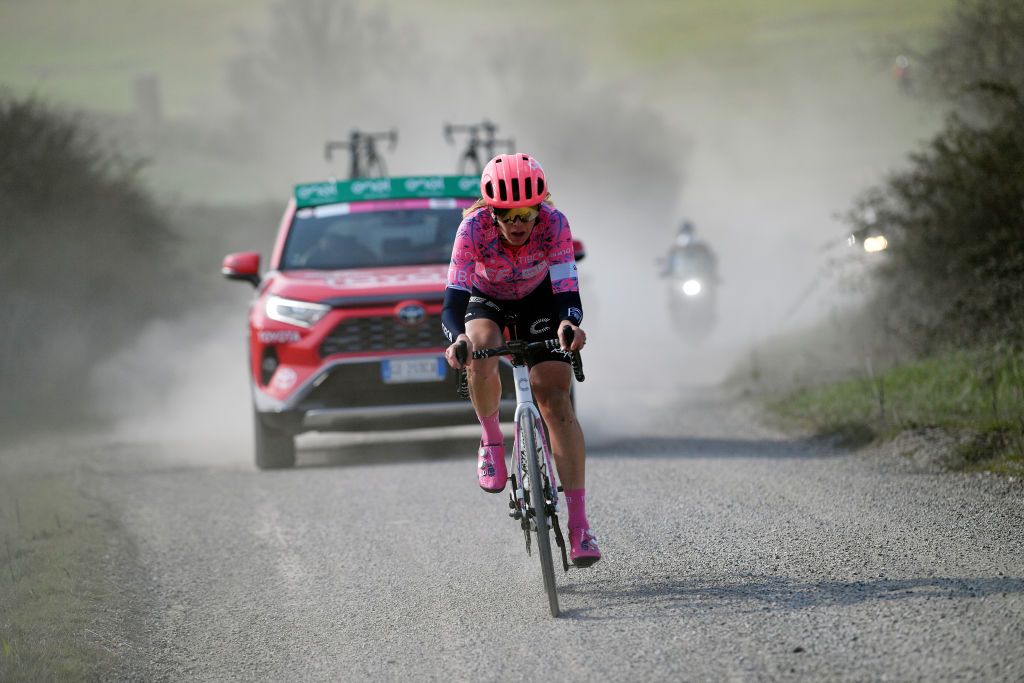 SIENA ITALY MARCH 05 Emily Newsom of United States and Team EF Education Tibco Svb competes in the breakaway through gravel roads during the Eroica 8th Strade Bianche 2022 Womens Elite a 136km one day race from Siena to Siena Piazza del Campo 321m StradeBianche on March 05 2022 in Siena Italy Photo by Luc ClaessenGetty Images
