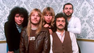 Styx, group portrait, New York, 1978, L-R John Panazzo, James Young, Tommy Shaw, Dennis De Young, Chuck Panazzo. 