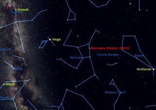The Great Cluster in Hercules is one of the observing highlights in the summer sky. The cluster is a globular cluster of stars known as M31. This sky map shows the cluster's location in relation to other constellations in the night sky.