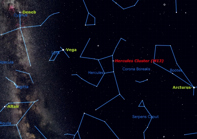 The Great Cluster in Hercules is one of the observing highlights in the summer sky. The cluster is a globular cluster of stars known as M31. This sky map shows the cluster&#039;s location in relation to other constellations in the night sky.