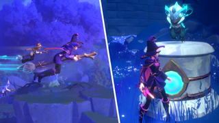 Left: Witches from Witchspire soar through the air on brooms. Right: A witch in Witchspire looks at their familiar.