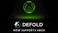 Glowing green Xbox logo above the Defold game engine logo, with white text reading "NOW SUPPORTS XBOX" on a black background.